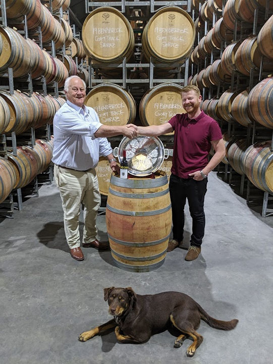 John Struik (left) and Winemaker, Leigh Ratzmer, and Gus the dog